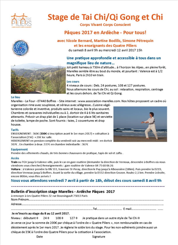 Stage Tai Chi Qi Gong Pâques 2017 : inscriptions avant le 1er mars 2017 École Corps Vivant Corps Conscient 2 ardeche2017Paques École Corps Vivant Corps Conscient Stage Tai Chi Qi Gong Pâques 2017 : inscriptions avant le 1er mars 2017